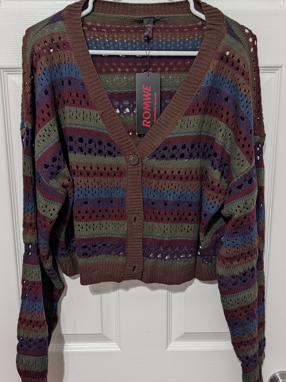 ROMWE Brown Olive Blue Purple Striped Open-Knit V-Neck Cardigan
